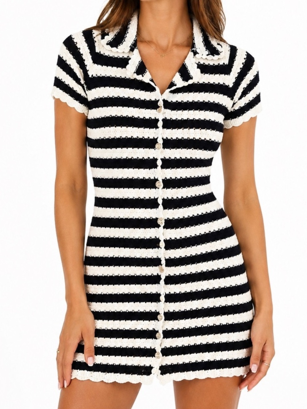 Fore Striped Crochet Button Front Mini Dress in Navy & Ivory Size Small